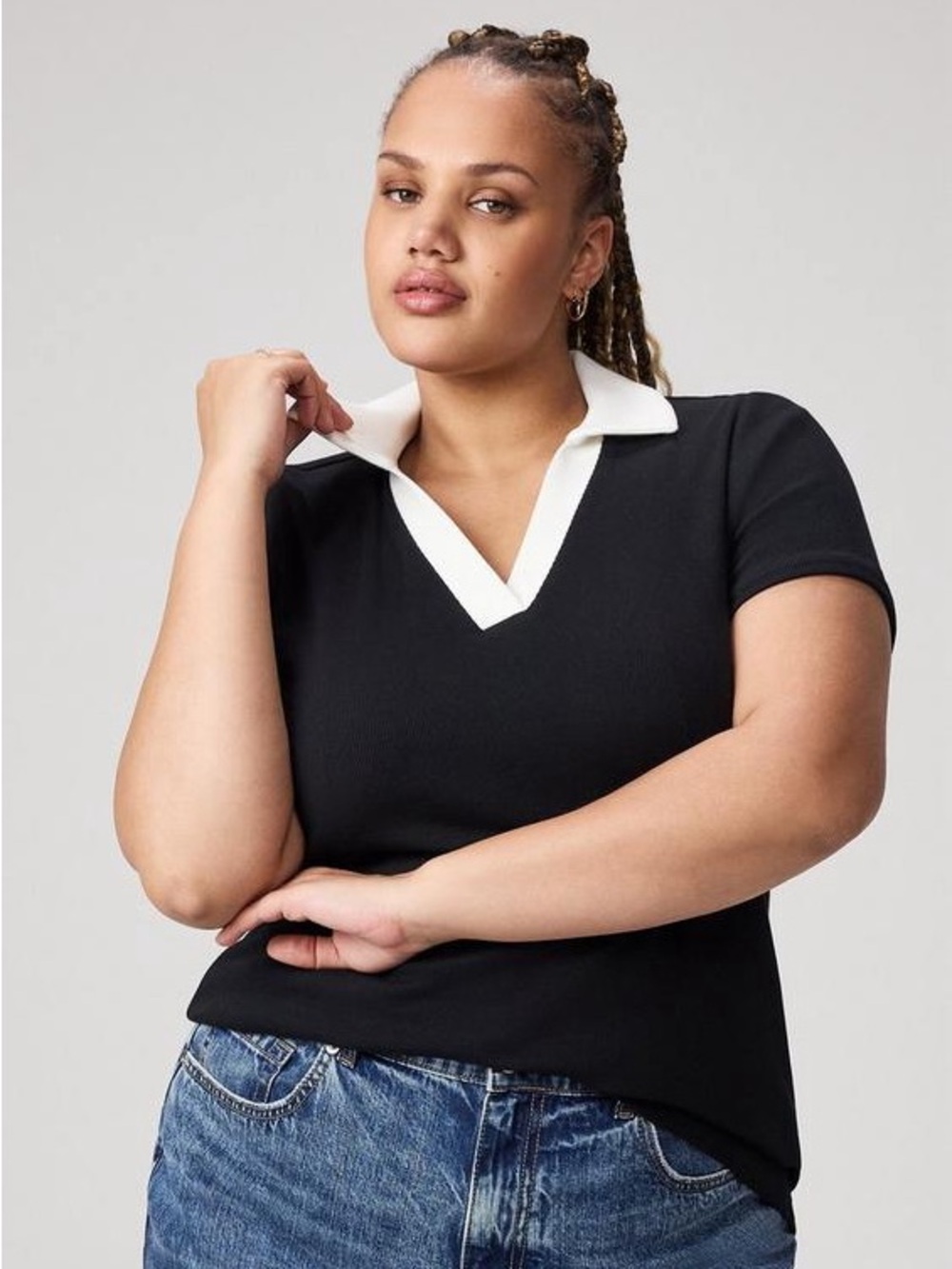 Torrid Heritage Rib V-Neck Polo Tee NWT Black/White 3/3X/22-24 Preppy Academia